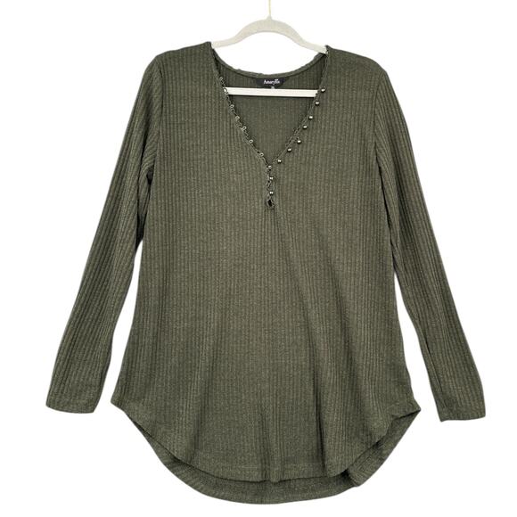Amaryllis Olive Green V Neck Button Detail Ribbed Texture Long Sleeve Top XL - Picture 1 of 8